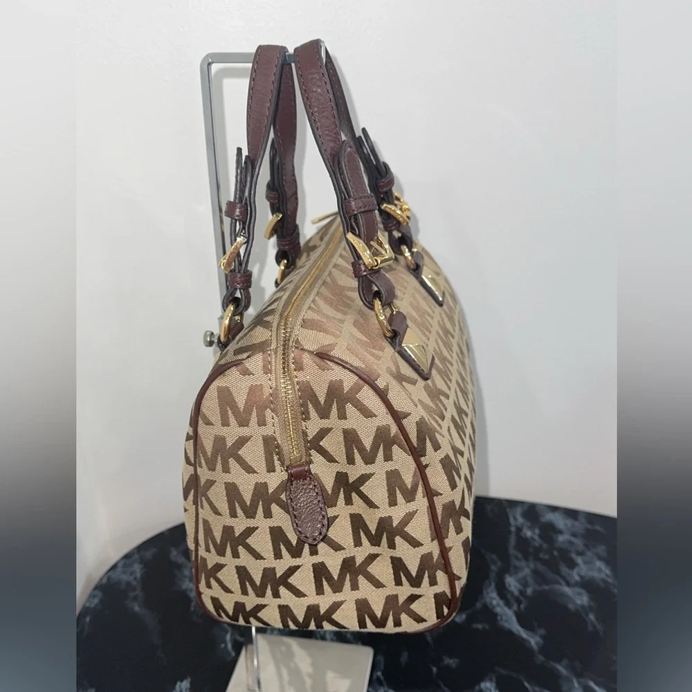 Michael Kors Handbag GRAYSON Khaki/Brown Signature Jacquard Authentic - Picture 6 of 10